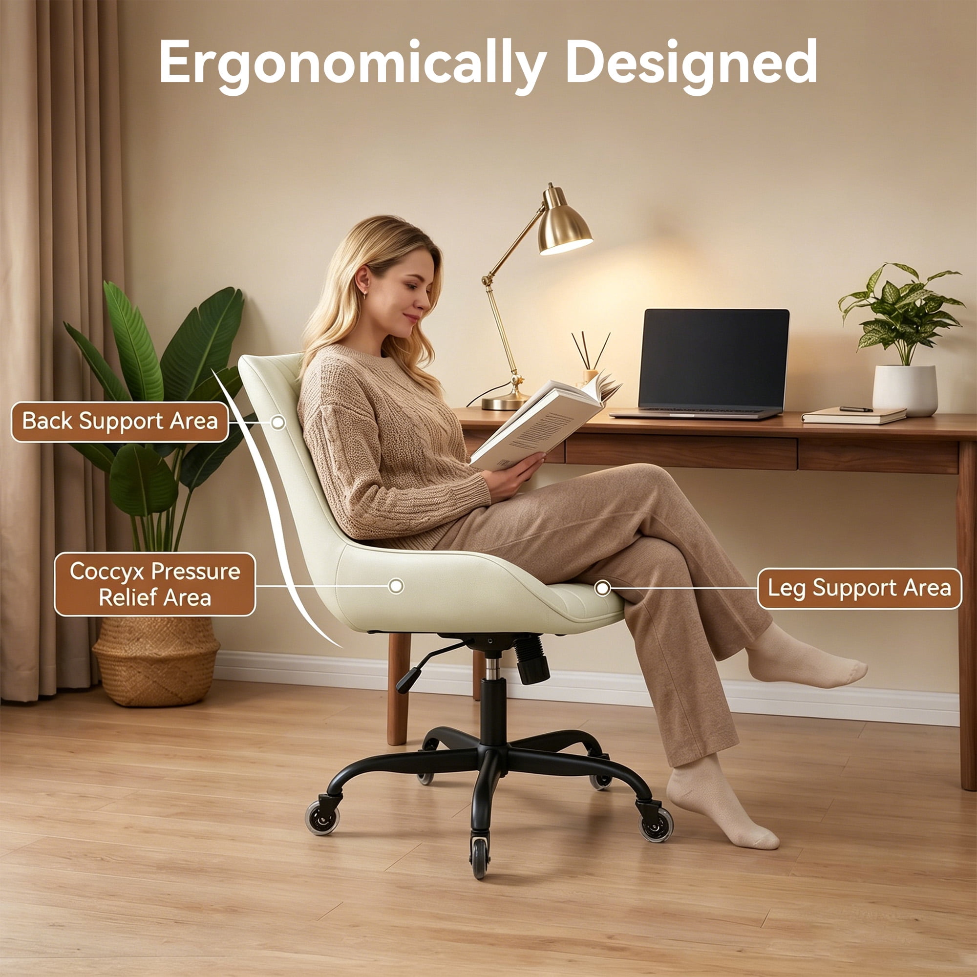 MOONMISS Armless Office Desk Chair Modern Upholstered Faux Leather Swivel Task Chair,Beige