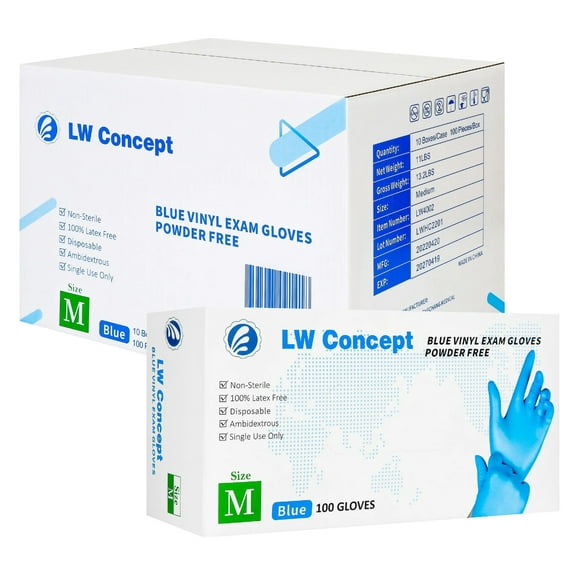 LW Concept Disposable Vinyl Gloves Powder Free, Blue, Non-Medical Use (Case of 1000) - Medium