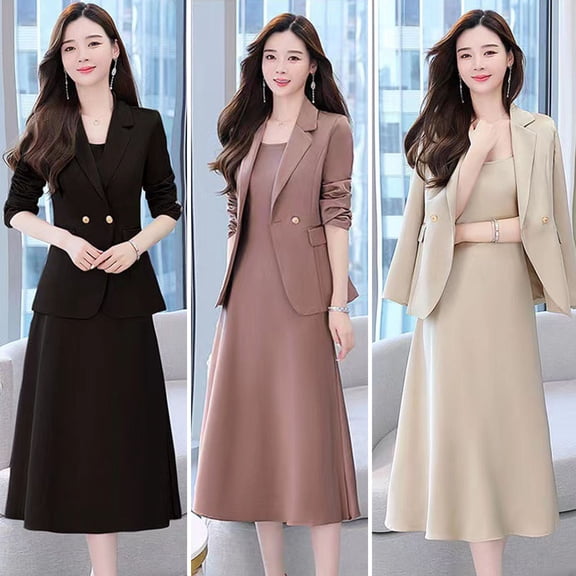 Joernso 2Pcs/Set Women Outfit Commute Trendy Comfortable Mid-length Light Luxury Streetwear Sling Spring Coat Dress Spring Clothing