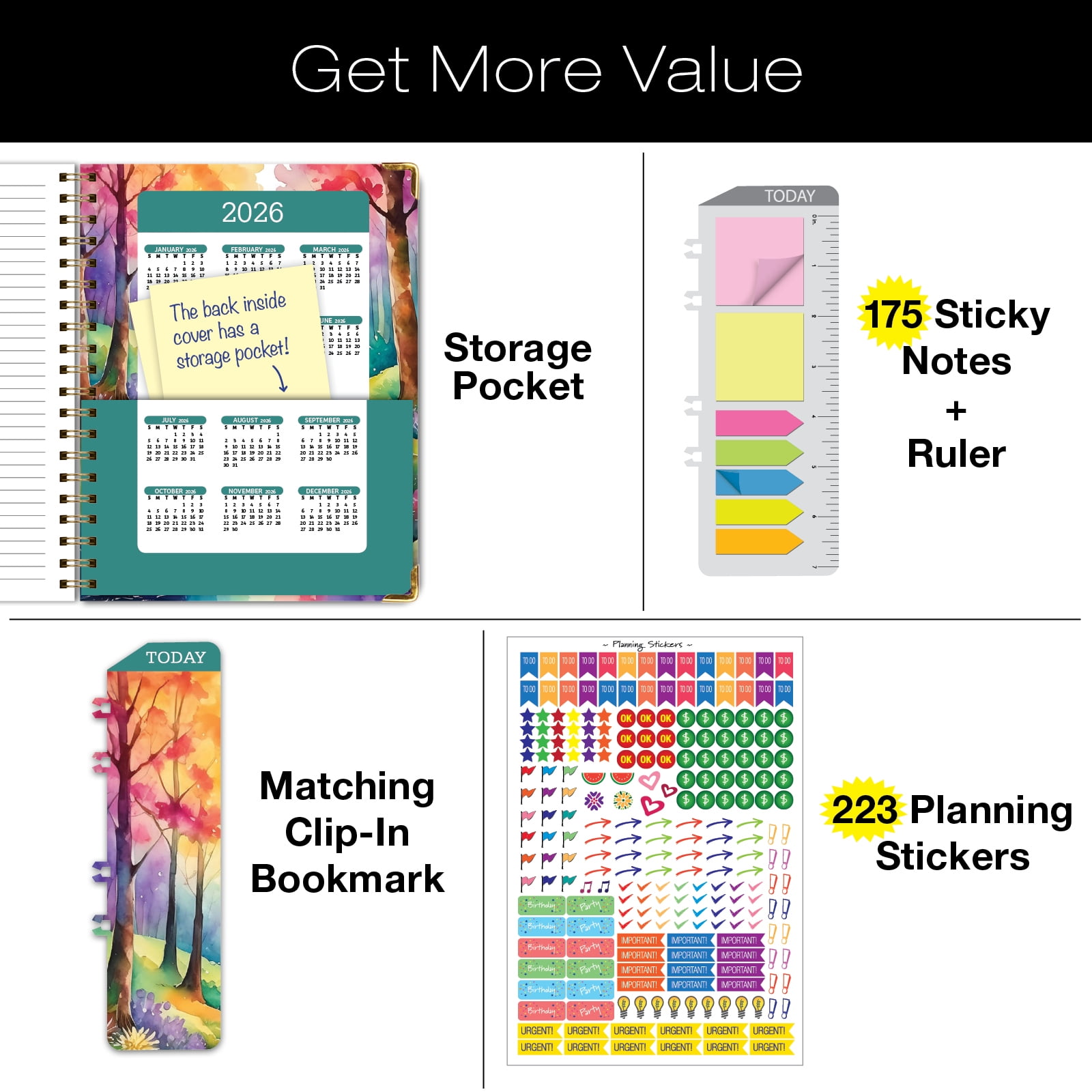 Academic Year 2025-2026 Planner, June 2025 - July 2026, 8.5"x11" Daily Weekly Monthly Planner Yearly Agenda, Hardcover, Bookmark, Pocket Folder and Sticky Note Set (Rainbow Trail)