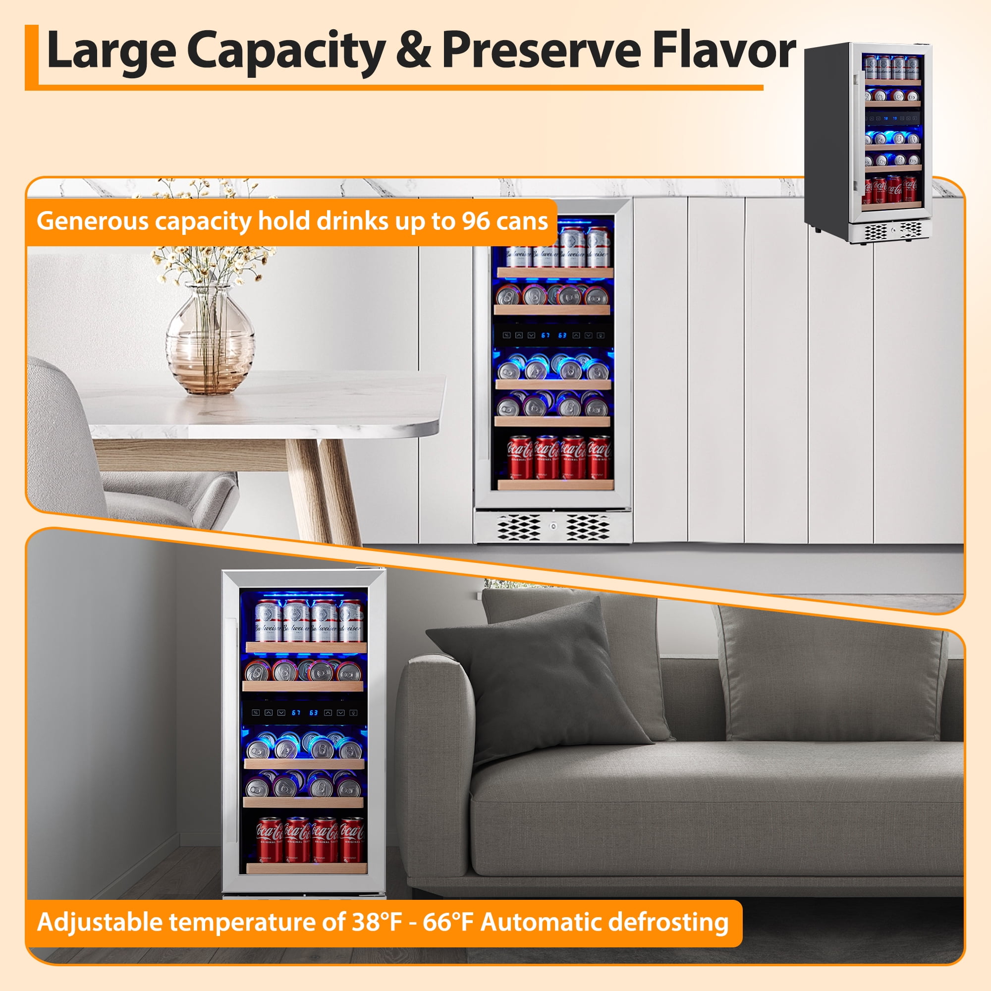 96 Cans Beverage Refrigerator, 15 Inch Built-In Lockable Mini Fridge with Tempered Glass Door, 38-66℉ Temperature Control, Freestanding Drink Cooler with Blue Led Light for Home