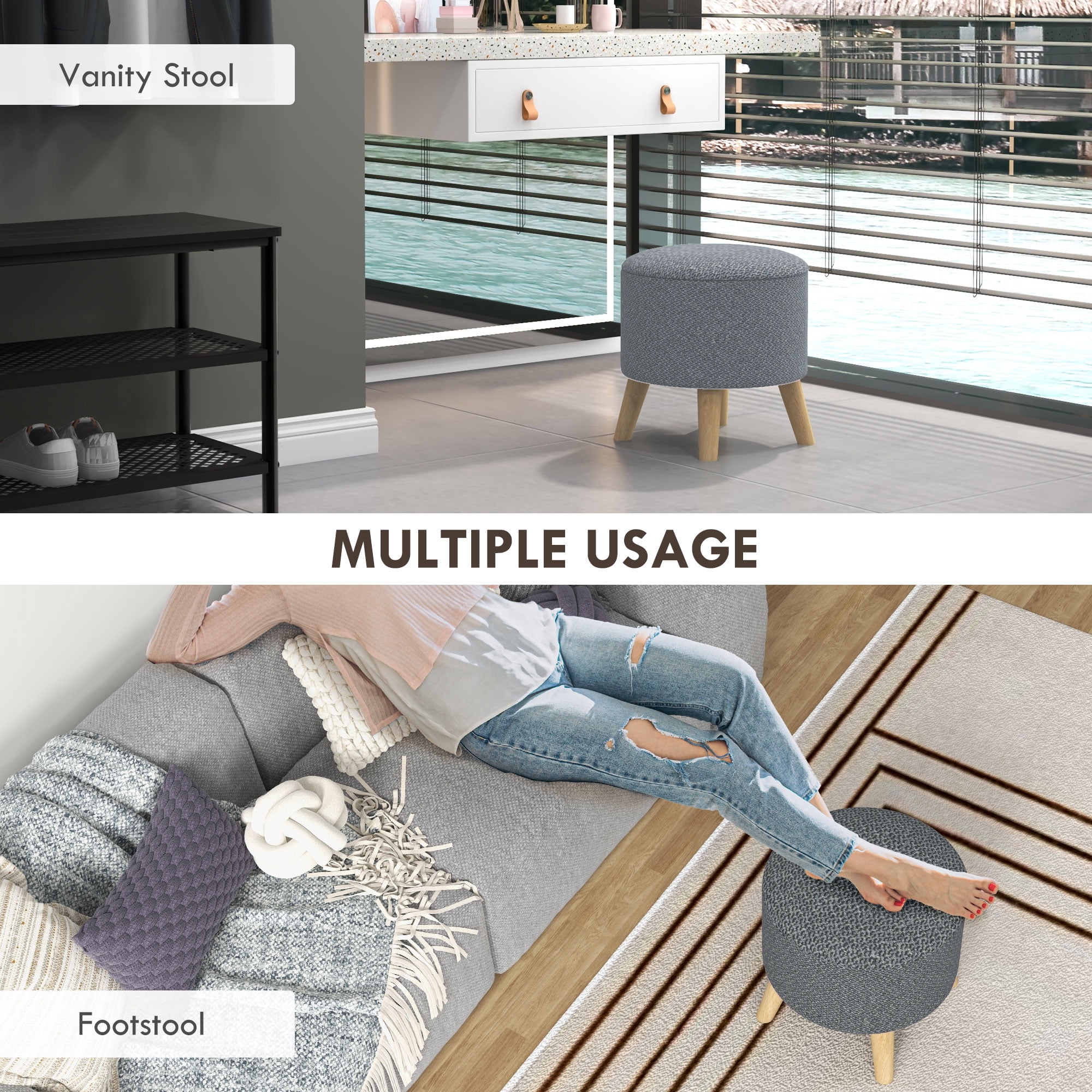HOMCOM Storage Ottoman, Round Footstool with Linen Feel Fabric Upholstery, Removable Top, Hidden Space and Wood Legs for Living Room, Gray