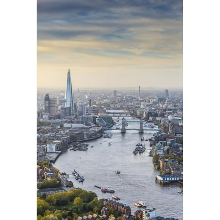 Aerial View from Helicopter, the Shard, River Thames and the City of London, London, England Print Wall Art By Jon