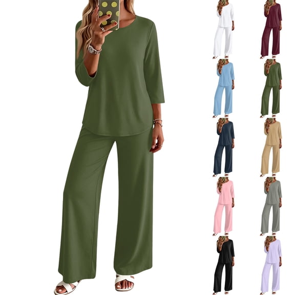 Stralyhd Lounge Sets for Women Summer 2 Piece Outfits 3/4 Length Sleeve Crew Neck Top Matching Wide Leg Pants Cozy Loungewear Loose Fashion Clothing Vacation Wear Army Green L