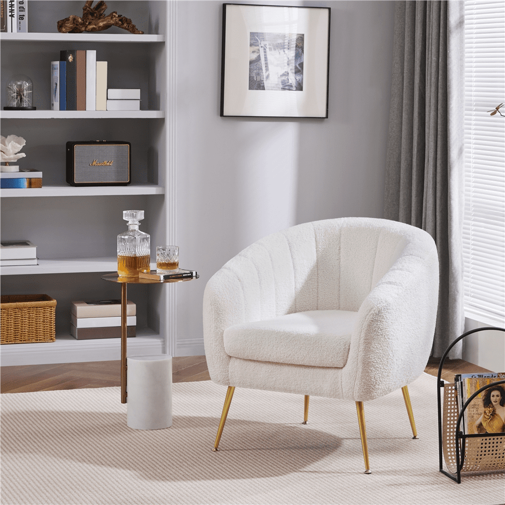 Alden Design Modern Tufted Boucle Barrel Accent Armchair with Gold Metal Legs for Living Room, Ivory