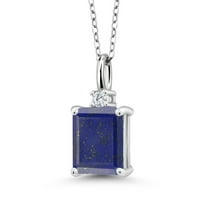 Gem Stone King 925 Sterling Silver Blue Lapis and White Lab Grown Diamond Pendant Necklace for Women | 2.04 Cttw | Gemstone Birthstone | Emerald Cut 9X7MM | With 18 inch Silver Chain