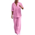 thumbnail image 2 of Women Sets 2 Piece Outfits Fashion Round Neck Solid Long Sleeve Blouse +Loose Pockets Pants Sets Up to 65% off, 2 of 4