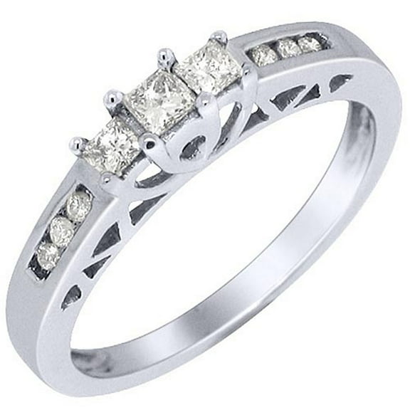 14k White Gold .25 Carats Princess Cut Past Present Future 3 Stone Diamond Ring
