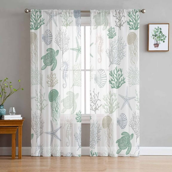 Green Coastal Semi Sheer Curtains 84 Inch Length 2 Panels Set, Nautical Summer Beach Coral Sea Turtle Sheer Kitchen Curtain Privacy Voile Window Curtain for Living Room Bedroom Rod Pocket Drapes