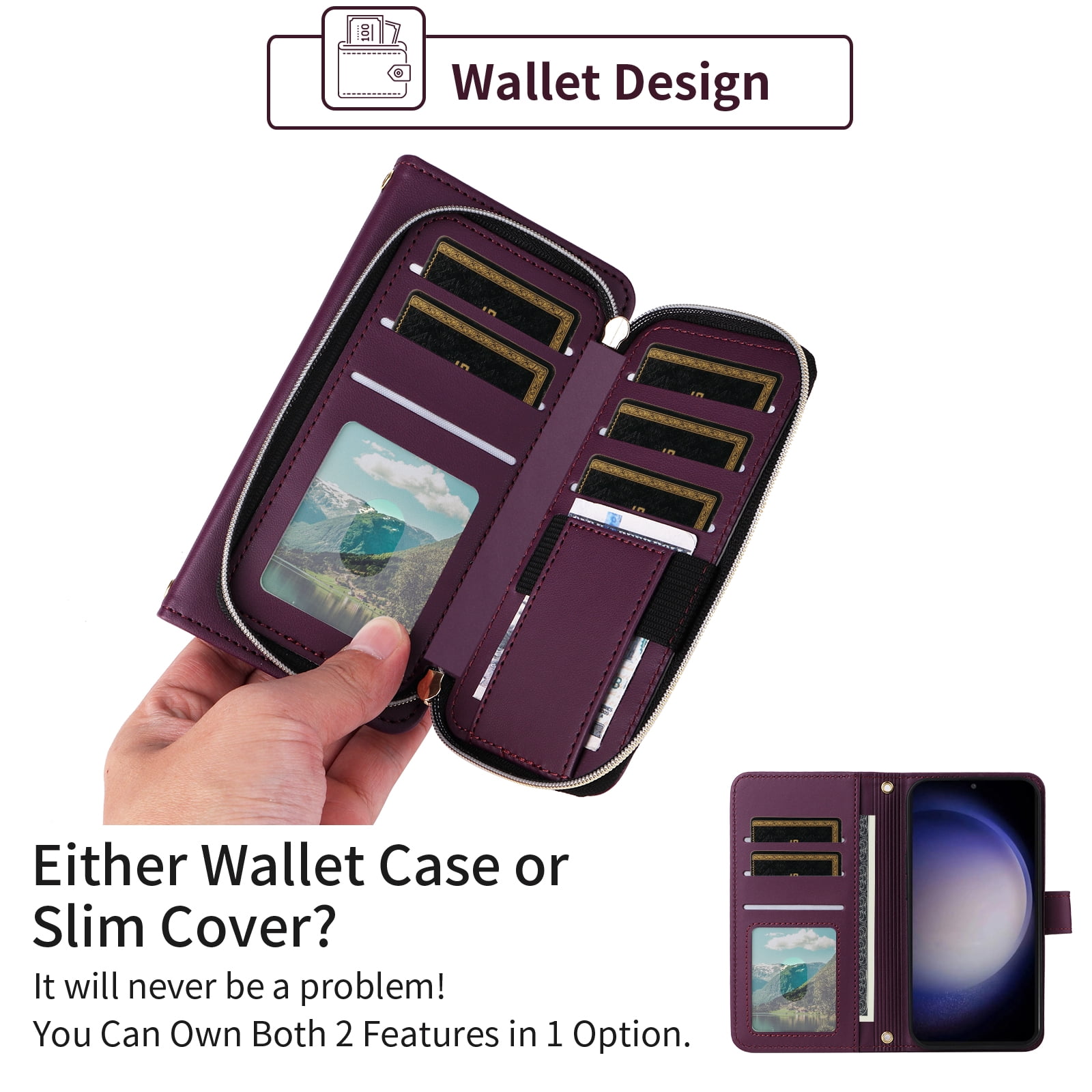 Furiet Wallet Case for Samsung Galaxy S23 Plus S23+ 5G with Wrist Strap Shoulder Strap Card Slot Zipper Purse, Leather Stand Phone Cover for S23plus 23S + S 23 23+ SM-S916U 6.6 inch Women Deep Purple