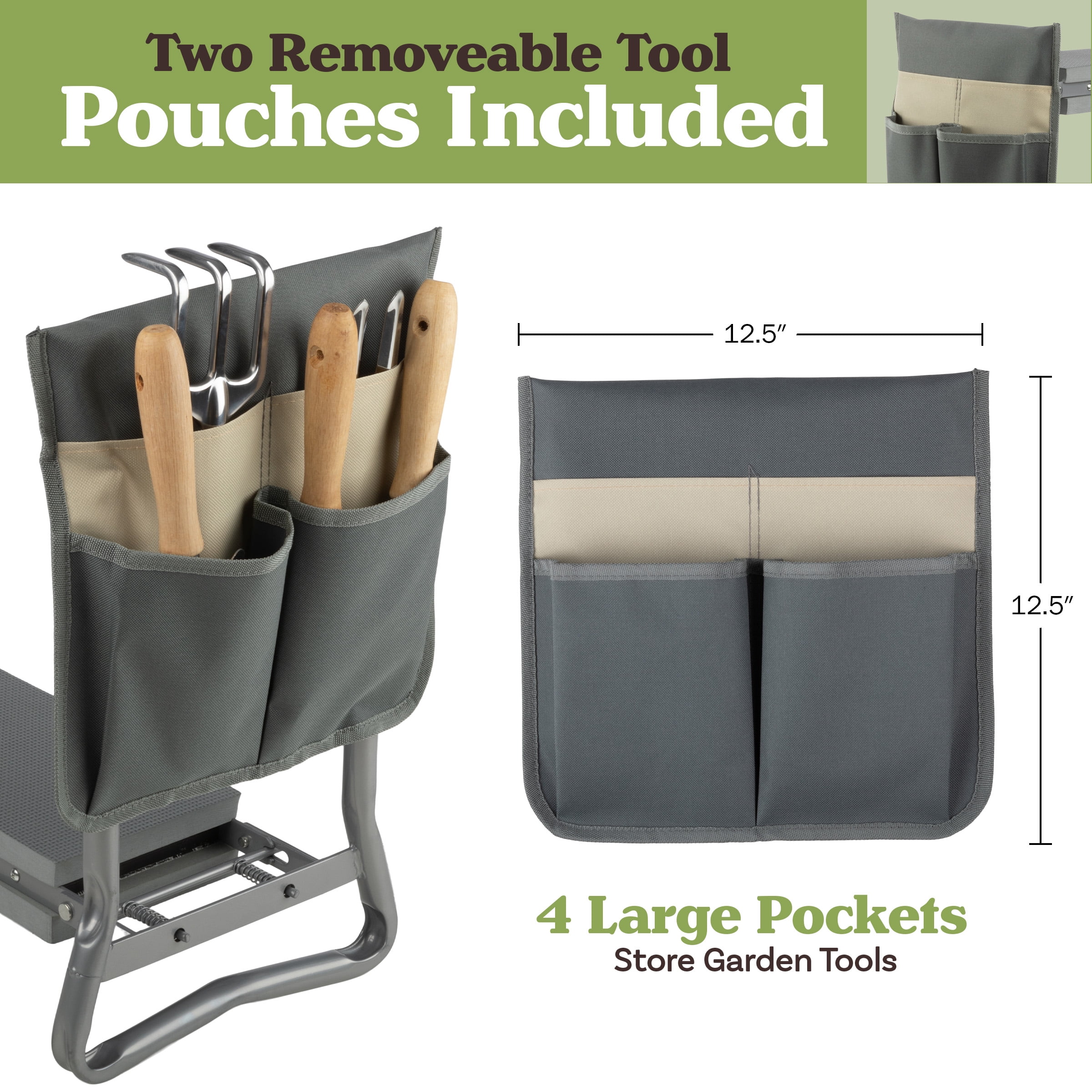 Pure Garden 2-in-1 Garden Kneeler & Stool – Folding Bench with EVA Pad & Tool Pouches, Gray/Tan