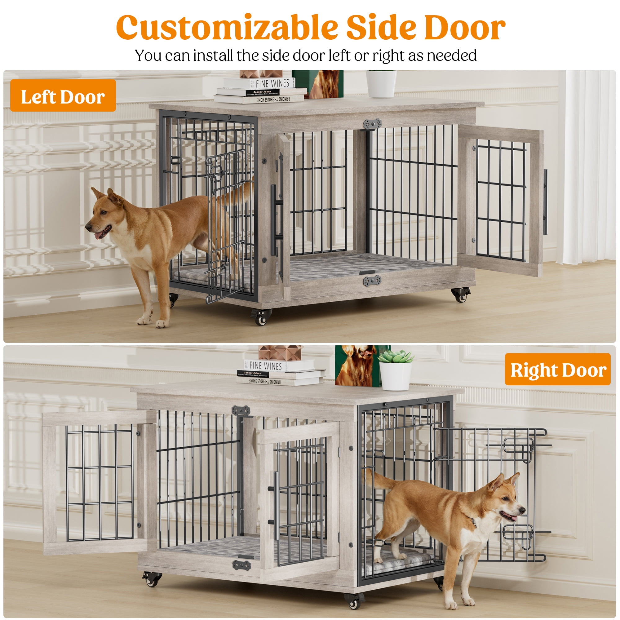 Aufeile Dog Crate Furniture with Wheels, 32 in Wooden End Table Dog Cage with 2 Doors and Removable Cushion, Indoor Pet Kennel for Medium Breeds, Gray