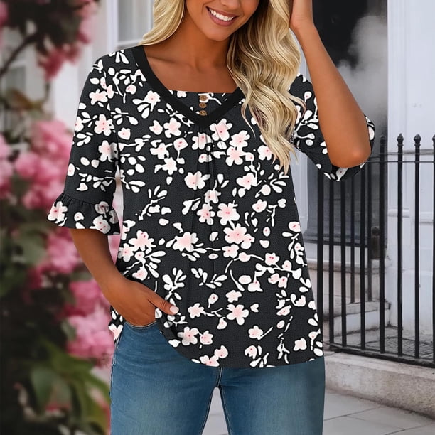 TaTaai Women's Lightweight V-Neck Top Printed Ruched Front Flared Half Sleeve Breathable Summer Blouse Daily Office Beach Wear Gift