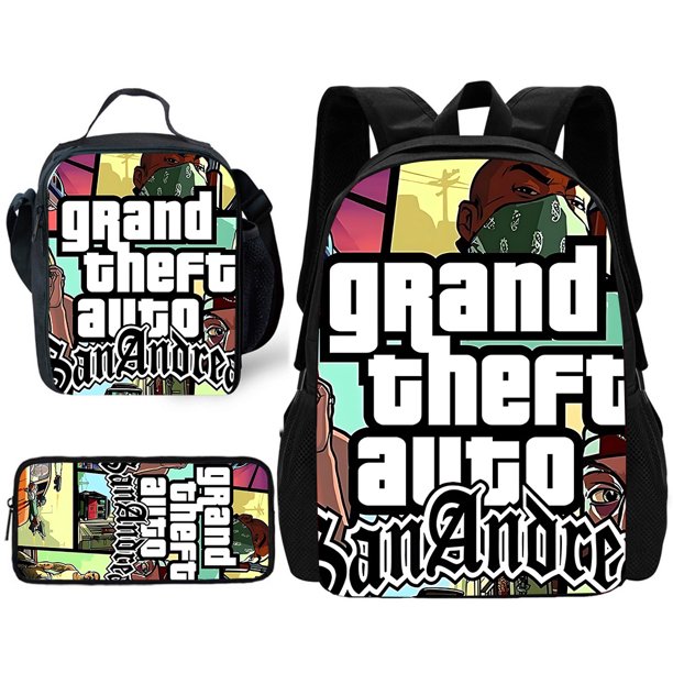Conjunto de 3 piezas de juego Grand Theft para niños y niñas, mochila escolar con fiambreras, bolsas de lápices, mochilas escolares, el mejor regalo