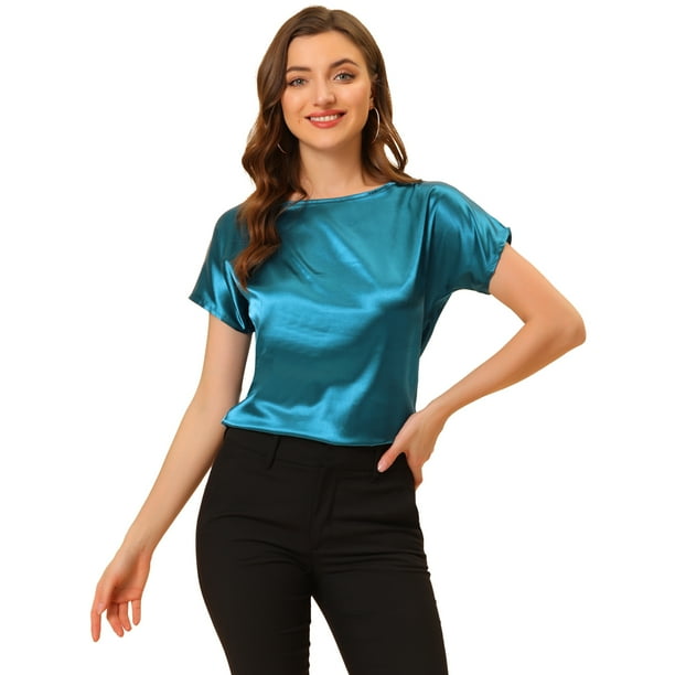 INSPIRE CHIC Blusa Elegante De Satén Para Mujer, Manga Corta, Cuello Barco,  Estilo Vintage Azul eléctrico S