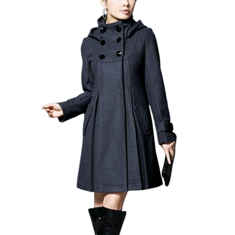 Women Peacoat Fleece Coat Standing Collar Medium Long Trench Coat Double Women Peacoat for Girls Winter Fall Fleece Coat Standing Collar Trench Coat