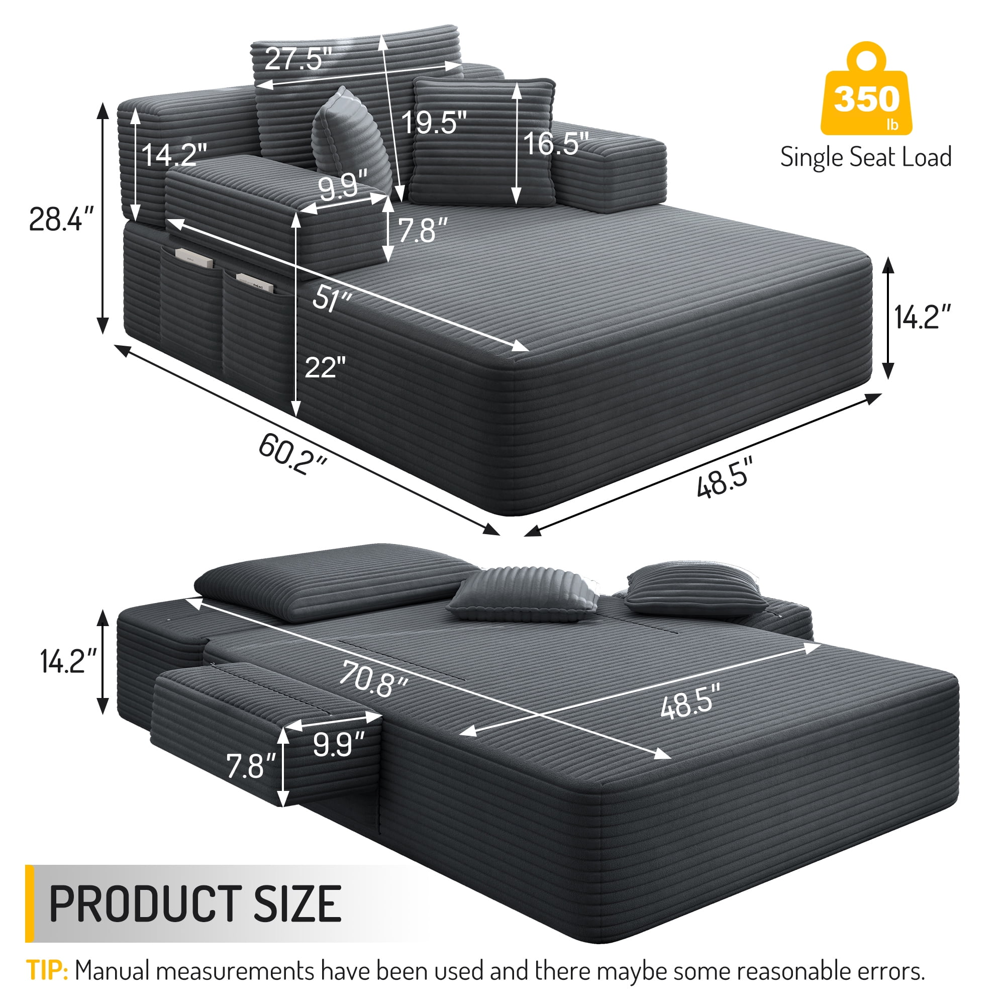 Aukfa Chaise Lounge Chair Indoor, Oversized Corduroy Boneless Sleeper Sofa Bed with Storage Pockets, Adjustable Backrest&3 Pillows, Reading Couch for Living Room Apartment, Dark Gray