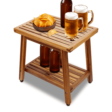 Small Acacia 16 Inches Outdoor Side Table, 2-Tier Sturdy Patio, End Table Weather Resistant, Strong Stability Side Table for Patio, Pool, Porch, Teak Finish