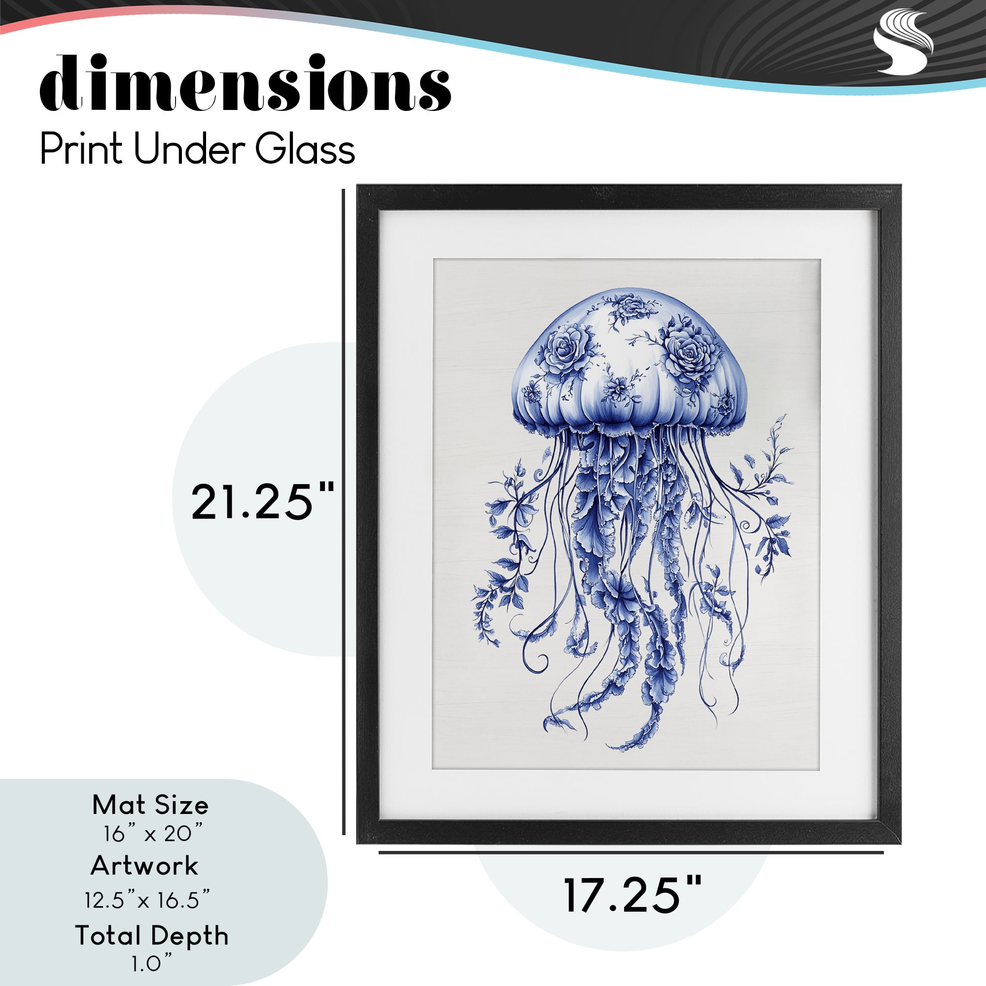 Funky Toile Jellyfish Black Framed Print Under Glass, design by Lettered and Lined