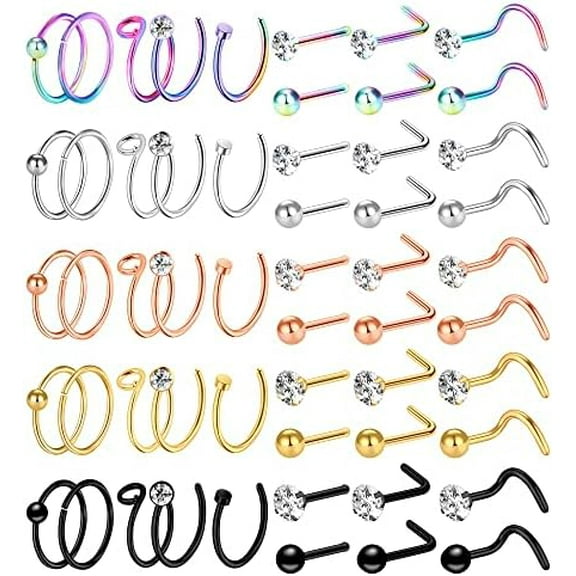 32-55 Pcs 20G Nose Rings for Women Nose Rings Hoops Nose Piercing Jewelry L Shape Nose Studs Screw CZ Nose Bone Studs Stainless Steel Body