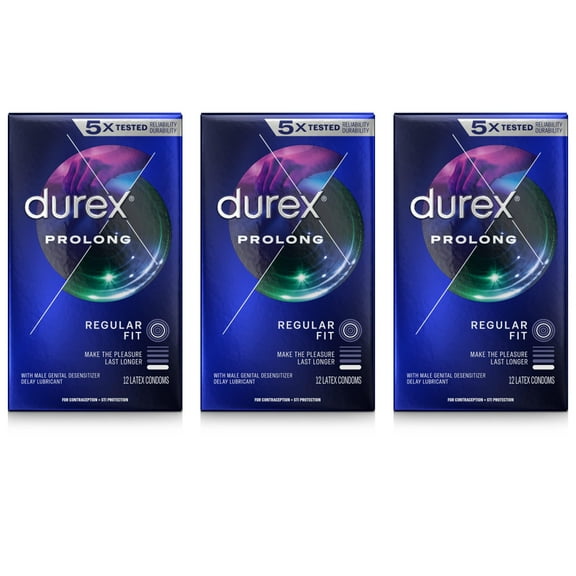 3 Pack Durex Prolong Ultra Fine Ribbed and Dotted Latex Condoms, 12 Each