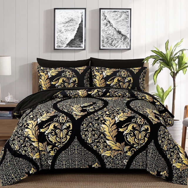 Juego de edredón para cama de damasco bohemio, dorado, negro, dorado, tamaño king