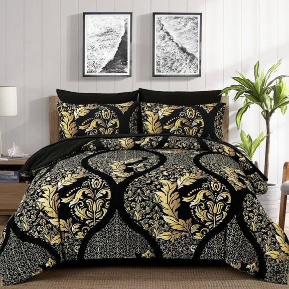 Juego de edredón para cama de damasco bohemio, dorado, negro, dorado, tamaño king