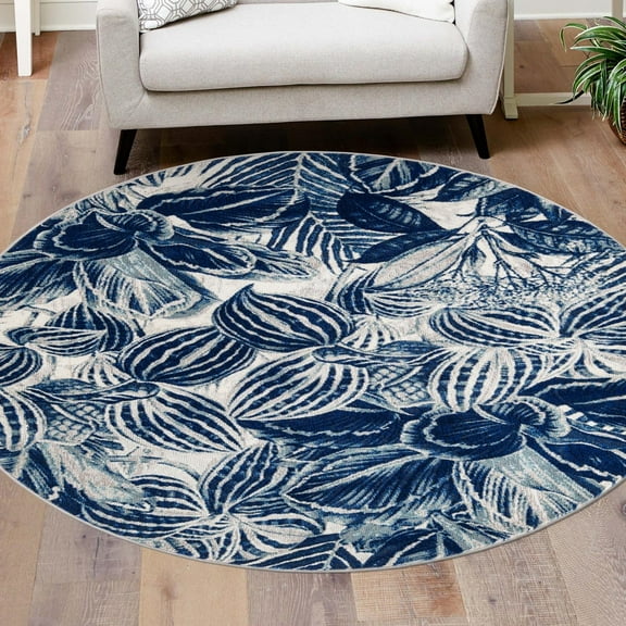 Unique Loom Blossom Collection Area Rug - Ocho (5' 3" Round Navy Blue/Ivory)