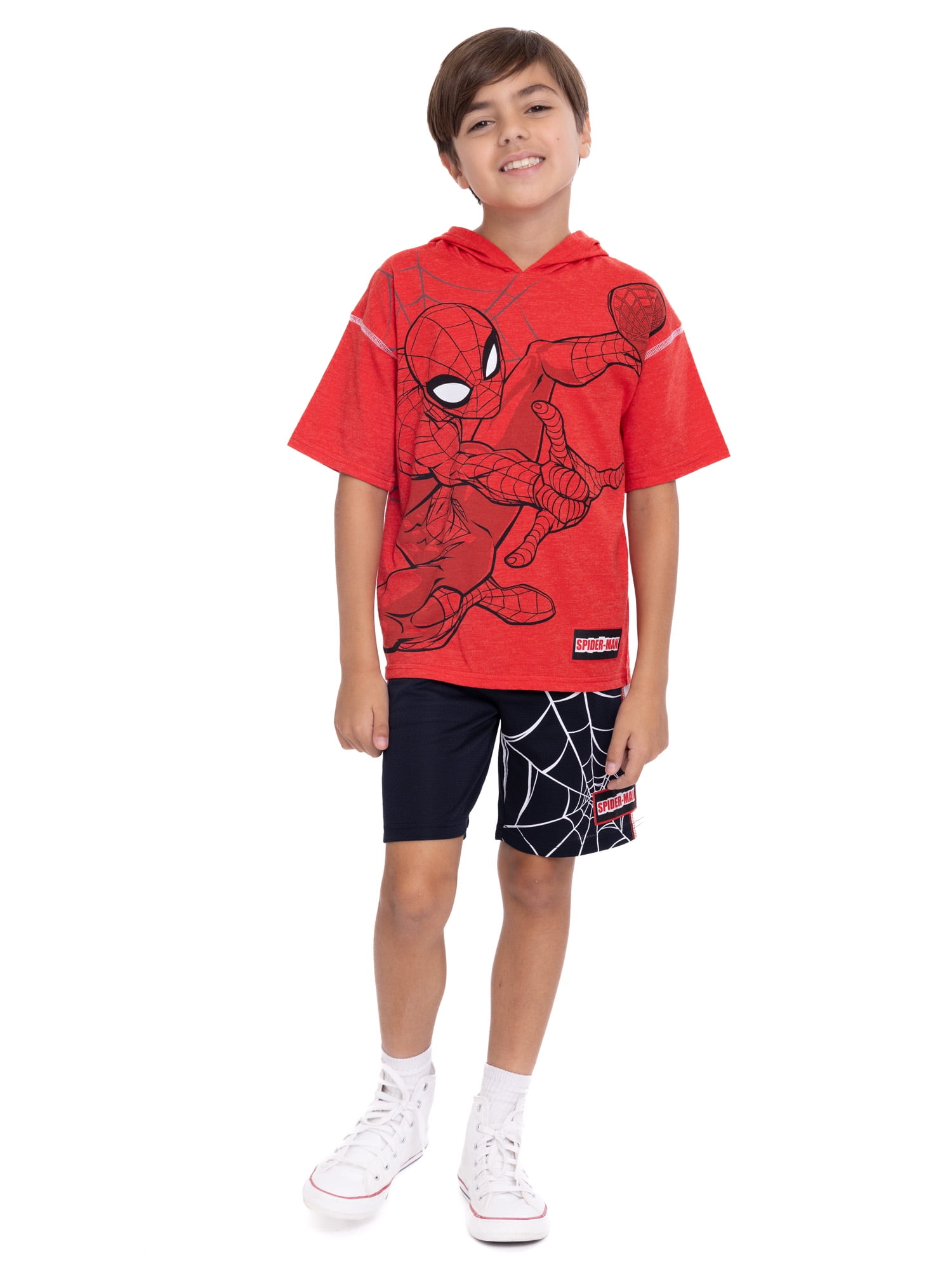 Spider-Man Boys Hooded Cosplay Tee and Shorts, 2 Piece Outfit Set, Sizes 4-10