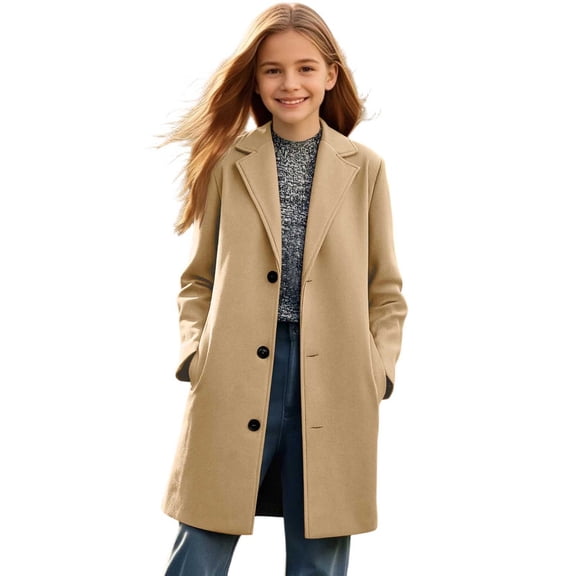 Breezora Girls Spring Coat Mid Length Trendy Fleece Lined Top Comfortable Wind Resistant Outerwear for School 120 Size Beige