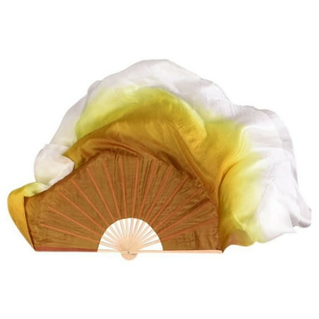 

Silk Dance Fan Folk Belly Dancing Fan White Yellow Gradient 2 Layers Yangko Long Silk Veil Double Side Silk Fans