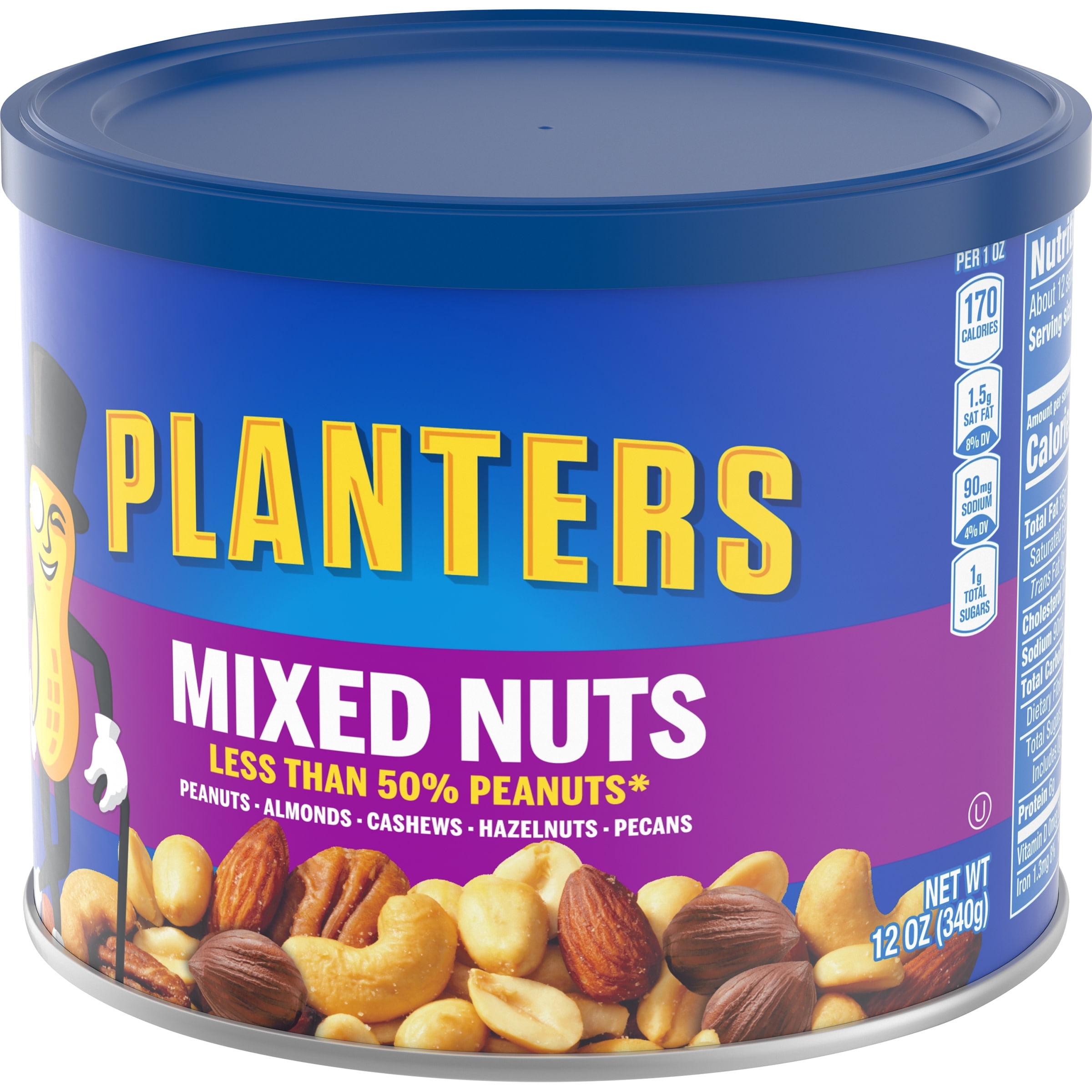 Planters Mixed Nuts Less Than 50% Peanuts with Peanuts, Almonds, Cashews, Hazelnuts & Pecans, 12 oz Canister