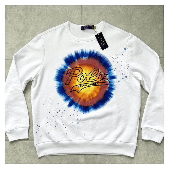 Polo Ralph Lauren Men's Logo Tie-Dye-Print Long Sleeve Fleece Sweatshirt Wht Large