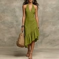 thumbnail image 3 of Efsteb Women Elegant Dresses Halter V-Neck Asymmetric Ruffle Midi Dress Solid Color Sleeveless Casual Summer Dress for Office and Daily (Army Green,XL), 3 of 6