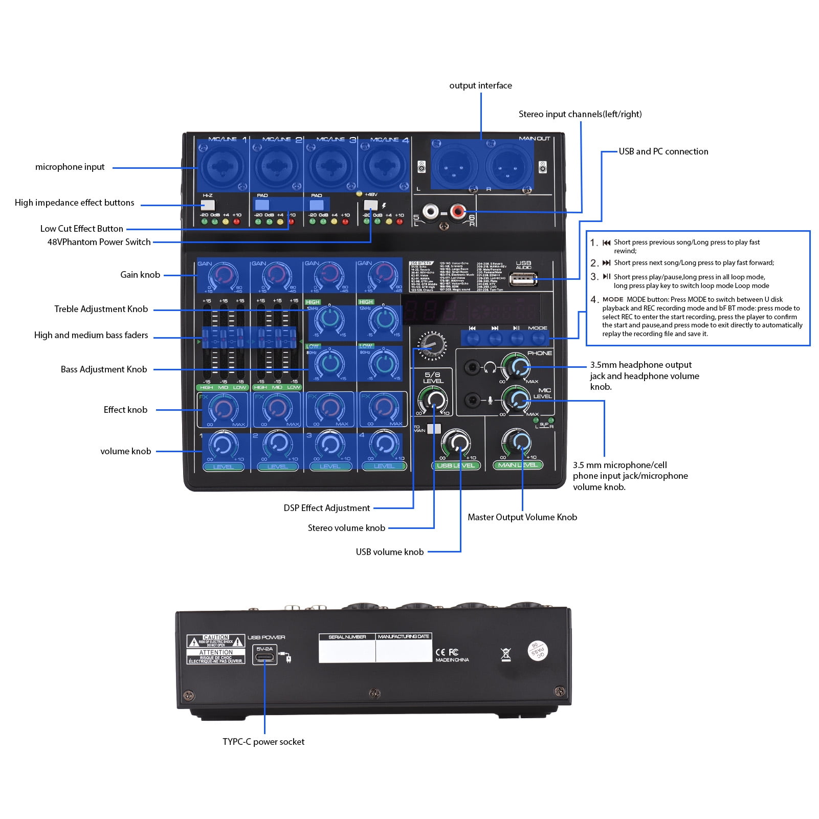 Mixing Console,256 48v Bt 6-channel Console Bt Mp3 Network Live With 256 48v Studio Dj Network Console With Type-c Audio Mp3 Usb Studio Dj Live Type-c Usb Input Portable Sound