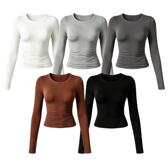 5 Pack Women Milk Silk Polyester Long Sleeve T Shirts, Crew Neck Solid Pullover Slim Fit Elegant Layering Basic Tops