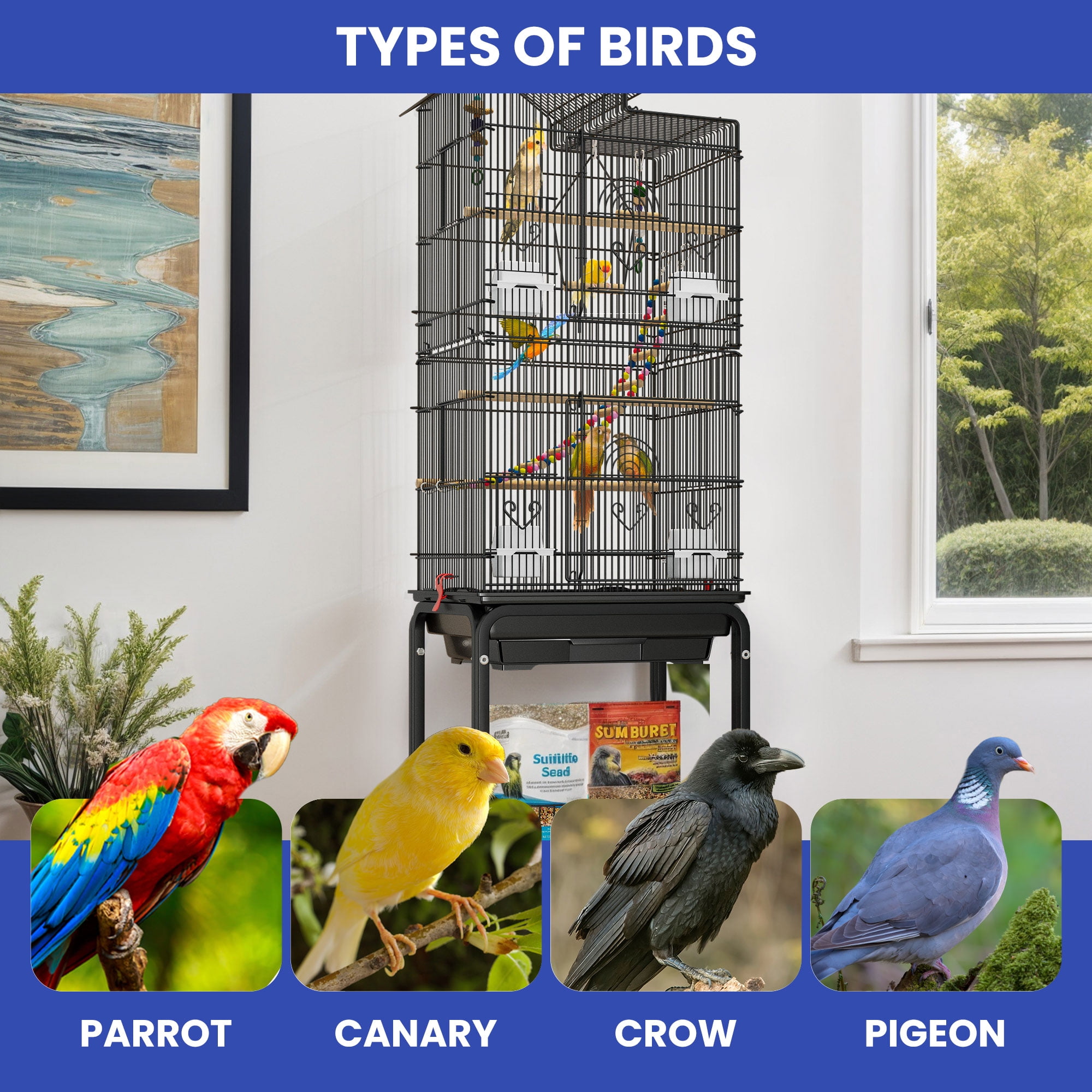 ModFusion 62" Metal Bird Cage Playtop Rolling Stand for Parakeet Lovebird Sun Conure Black