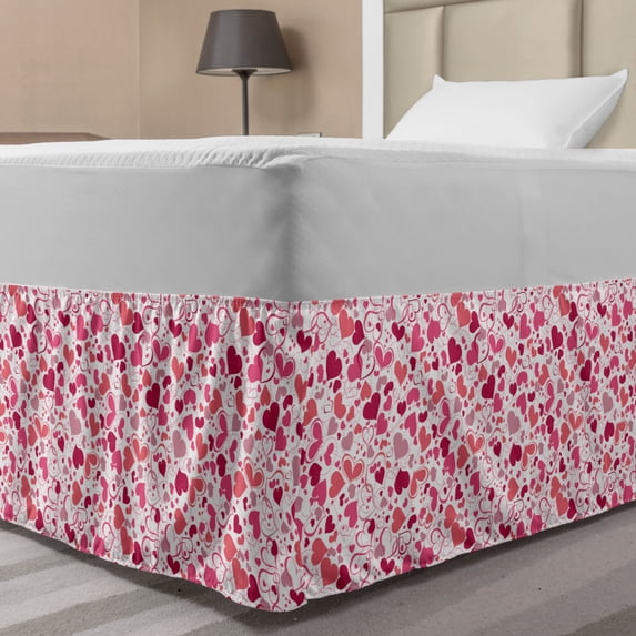 Love Bed Skirt, Abstract Sentimental Composition with Big Little Hearts in Pink Colors Curly Soft, Elastic Bedskirt Dust Ruffle Wrap Around for Bedding Decor, 4 Sizes, Multicolor, by Ambesonne