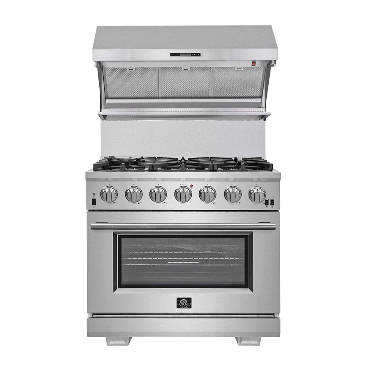 FORNO Capriasca 48-inch Freestanding Gas Range All Stainless Steel, 8 Brass Burners 160,000 BTU, Wok Support & Griddle, 6.58 cu.ft. Double Ovens with Rotisserie