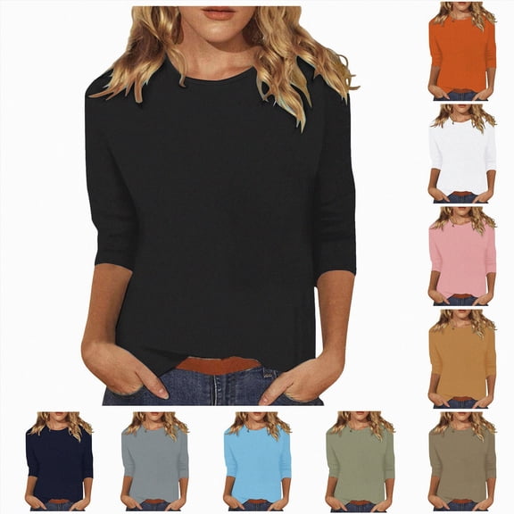 COMVALUE 3/4 Length Sleeve Womens Tops Casual Loose Fit Crewneck T Shirts Cute Solid Three Quarter Length Tunic Tops Grey for Size XL