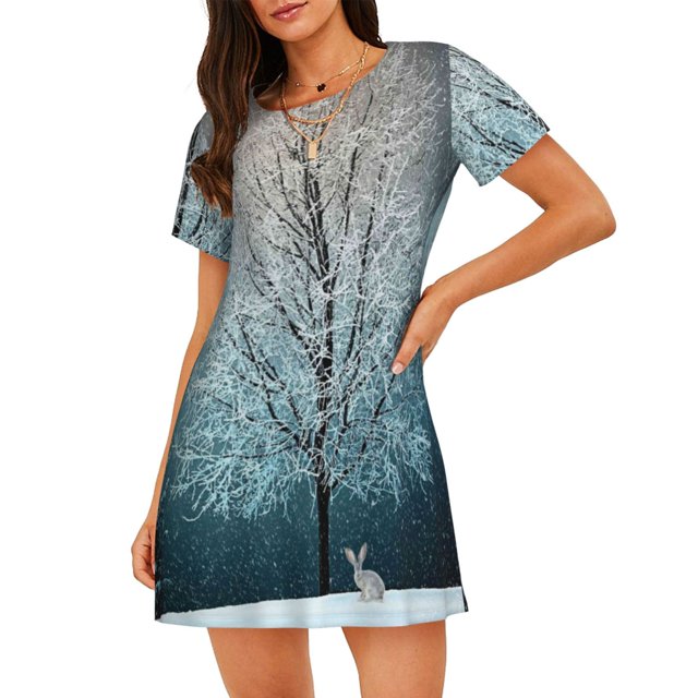 Fotbe Winter Rabbit Bata de Dormir para Mujer con Estampado, Camisón de Algodón de Manga Corta, Ropa de Dormir Casual