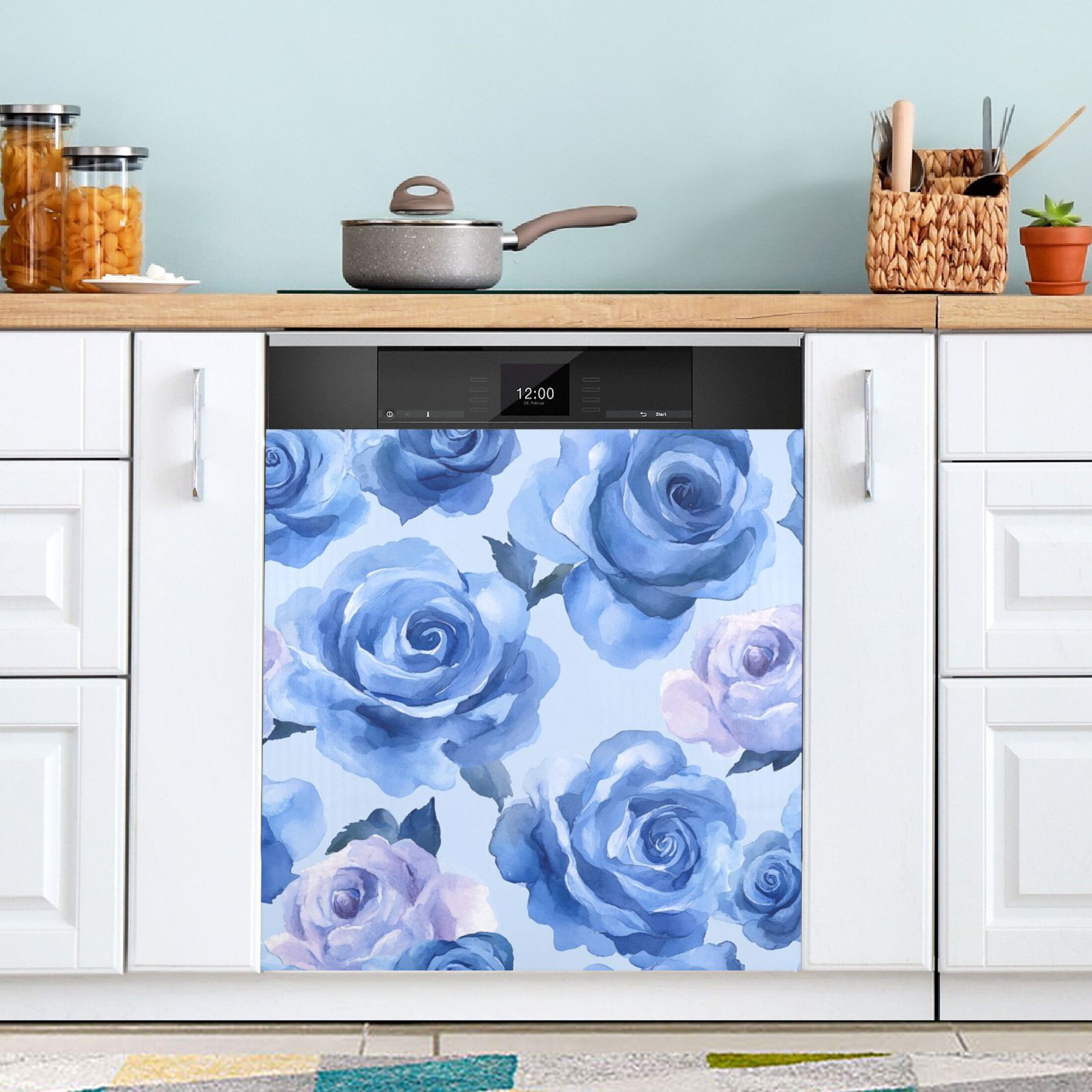 Dishwasher Magnetic Sticker 23x26 Inch Refrigerator Magnetic Sticker Washing Machine Magnetic Sticker Kitchen Panel Magnetic Sticker Home Decor Blue Roses Seamless