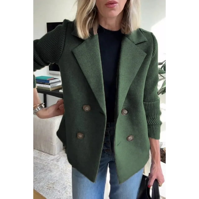 Women's Spring Wool Blend Double-Breasted Coat Solid Color Regular Fit Long Sleeve Suit Jacket Brown