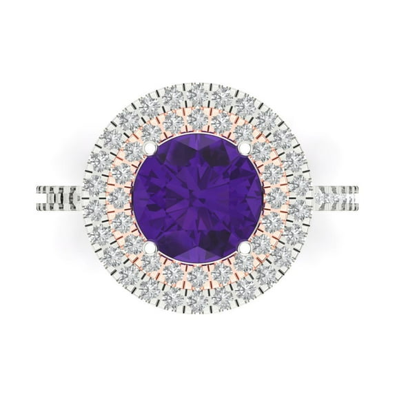 2.6 ctw with Simulated Diamond Halo Accents Anniversary Ring for Women | Round Cut Natural Amethyst | Hyperallergenic Solid 14K White/Rose Gold