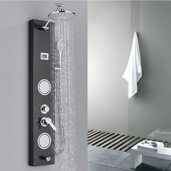 Stainless Steel Rainfall Shower Panel Tower System, Overhead Shower + 2 Body Massage Sprays + 3-Mode Handheld, Multi-Function Shower Column with Temperature Display, Black
