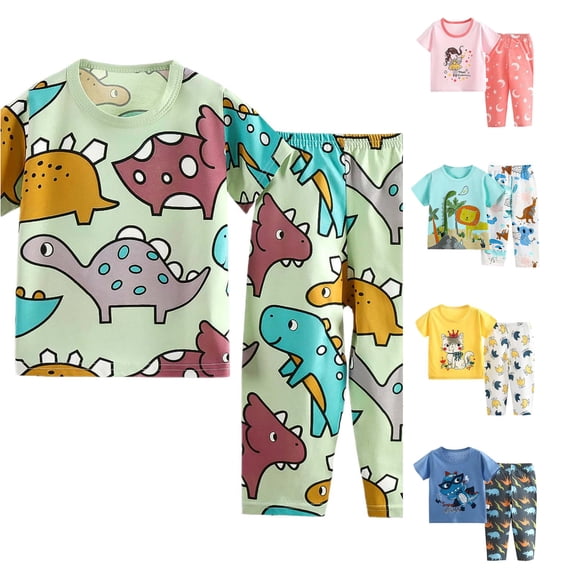 ZXLBBD Girls Children's Pajamas Set Cartoon Print Cute Short Sleeve Basic Shirts and Pants Breathable Home Outfit Clothes Sets,Light Green,Size 4 Y-5 Y