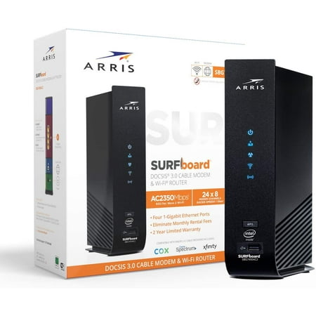 ARRIS SURFboard (24x8) DOCSIS 3.0 Cable Modem / AC2350 Dual-Band WiFi Router. Approved for XFINITY Comcast, Cox, Charter and most other Cable Internet providers for plans up to 600 Mbps.
