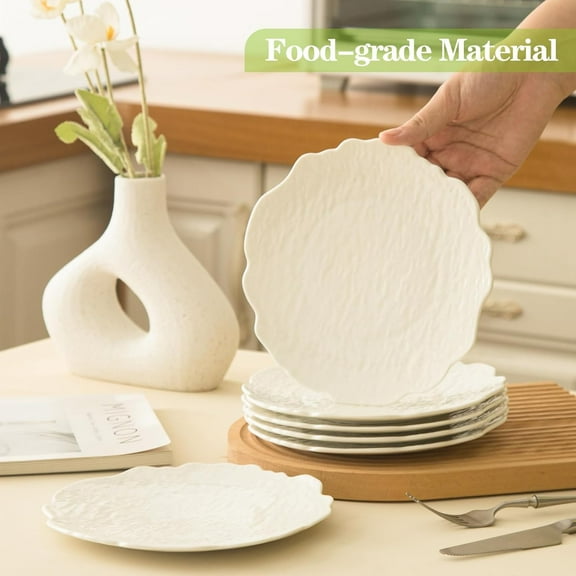 8 Inch White Porcelain Salad Plates, Stone Pattern Dinnerware Set of 10 - Microwave & Dishwasher Safe
