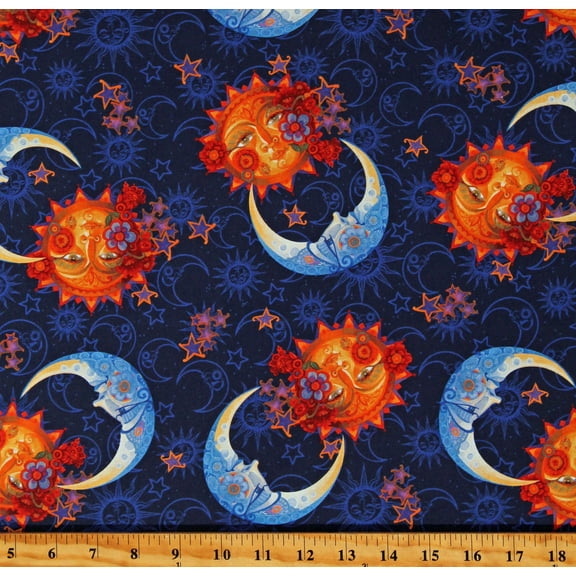 Cotton Celestial Moons Suns Faces Stars Moon and Sun Navy Blue Cotton Fabric Print by the Yard (16333-57)