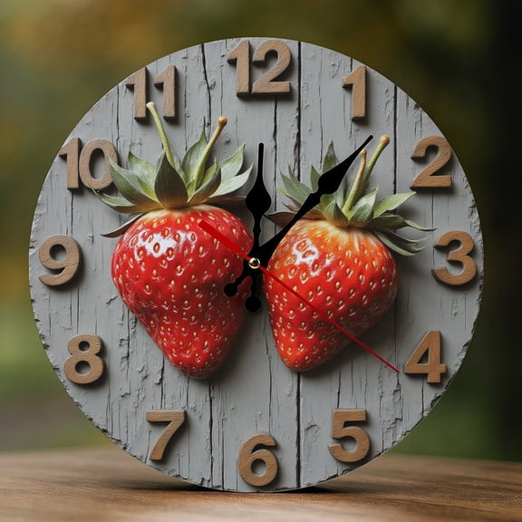 Wall Clock Decorative - Rustic Red Strawberry Print 2D Vintage Wall Clocks Battery Operated Silent Non-Ticking for Bedroom, Living Room, Kitchen, Office, Classroom, 10 Inch